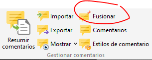 Opción Fusionar en la pestaña Comentario